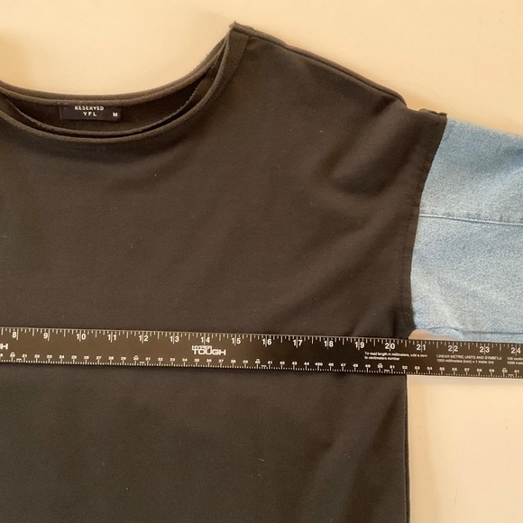 Reserved Women’s Sweatshirt Sz M Black Denim Distressed Sleeves Grunge Edgy Top - Picture 6 of 12